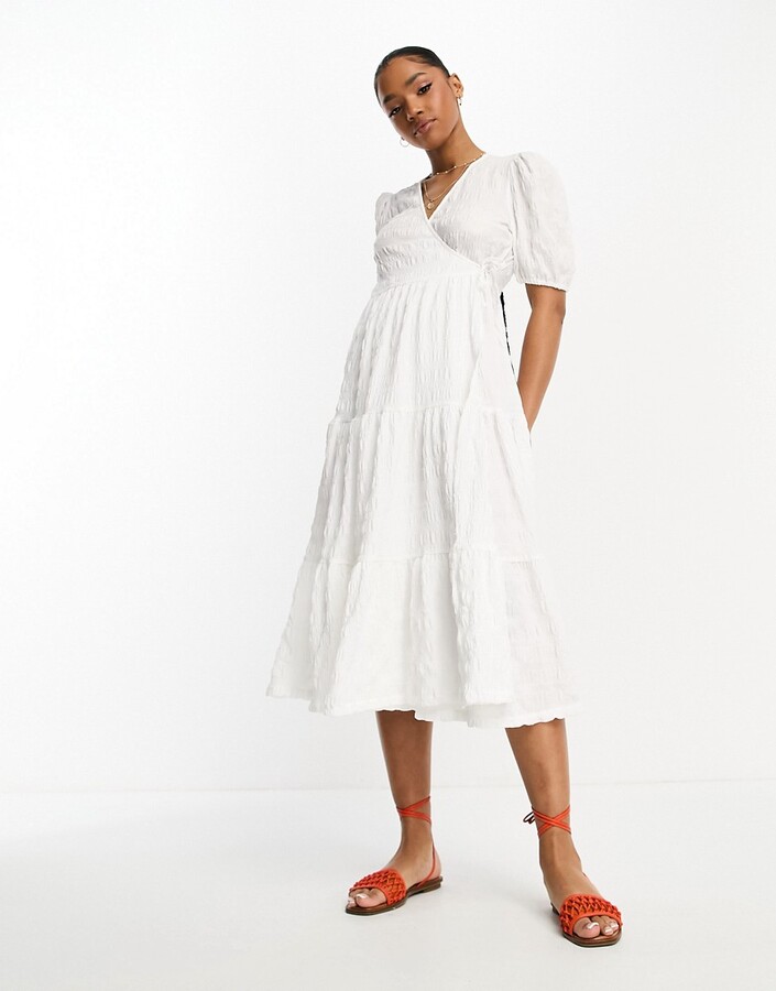Monki tiered wrap midi dress in white - ShopStyle