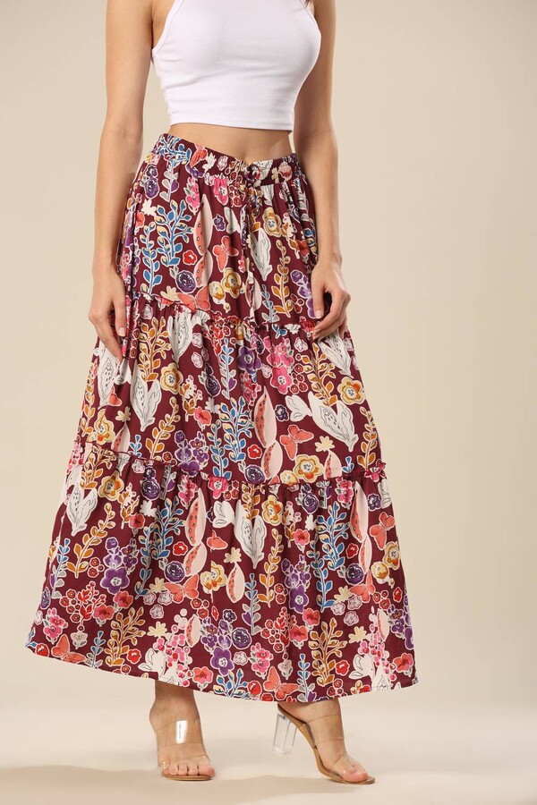 Shewin Inc. Boho Floral Print High Waist Maxi Skirt In Multi