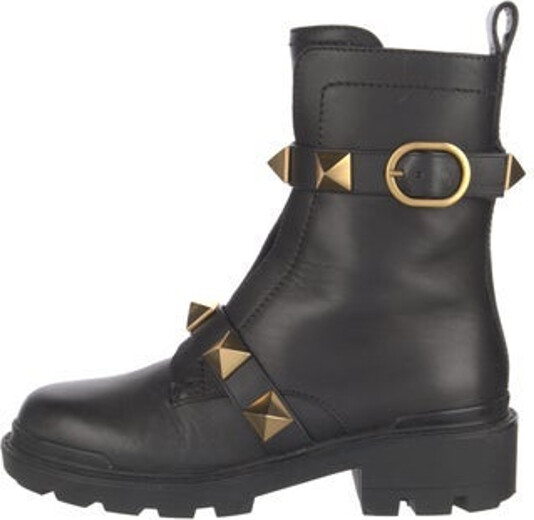 Valentino Leather Ankle Combat Boots Black Rockstud Accents Round-Toes with Studded Accents Platform Wrap-Around Straps & Concealed Zip Closure at Sides