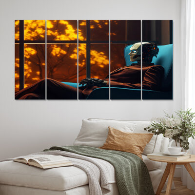 Trinx Stylish Humanoid Android Sitting On Couch V - Robot Canvas Print - 5 Equal Panels