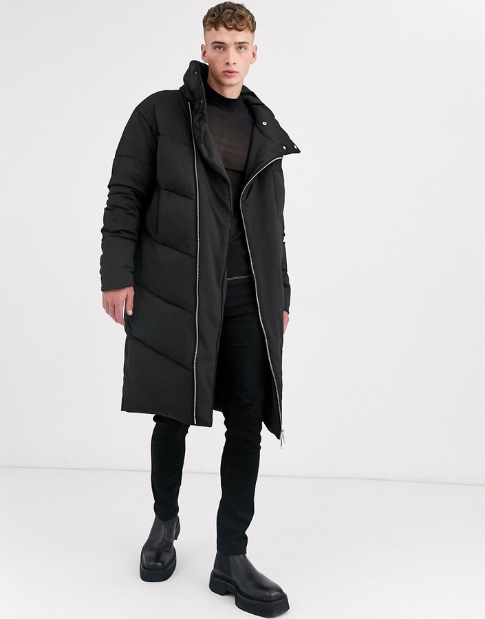ASOS DESIGN puffer coat in longline with funnel neck in black
