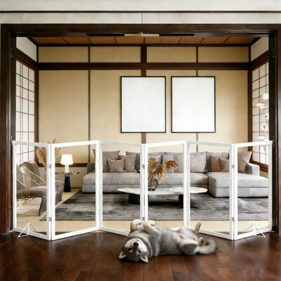 Clear 6-Panel Wooden Pet Gate - Extra Wide Freestanding Dog Gate with Clear Acrylic for Stairs/Hallway 24"H x 102"W