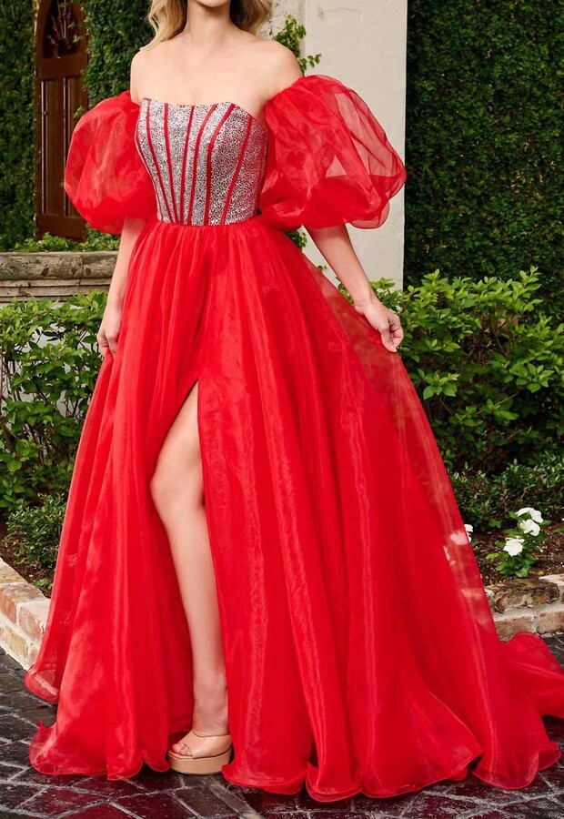RACHEL ALLAN Rhinestone Beaded Corset Ball Gown In Red