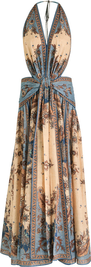 Zimmermann Ascension Plunge Halter Printed Cotton Maxi Dress