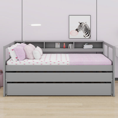 Latitude Run Wood Daybed With 2 Trundles 3 Storage Cubbies 1 Light And USB Charging Design