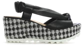 Donna Più Black Leather Monochrome Woven Wedge Sandals