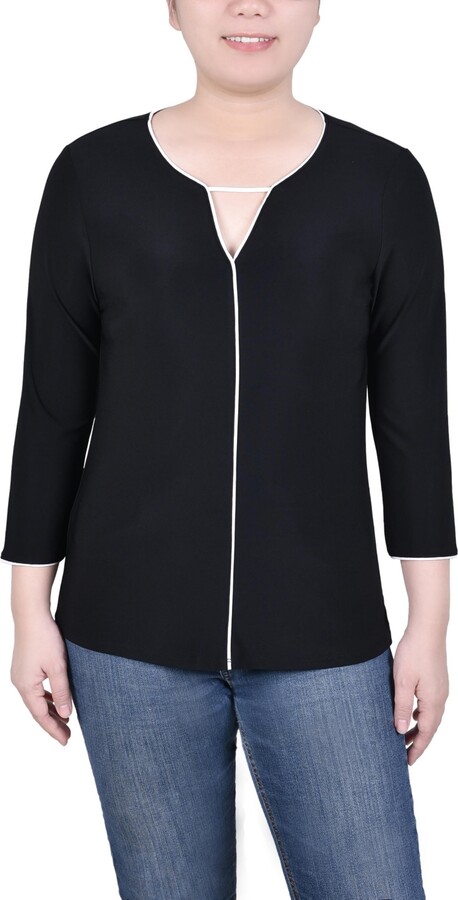 NY Collection Women's 3/4 Sleeve Piped Top