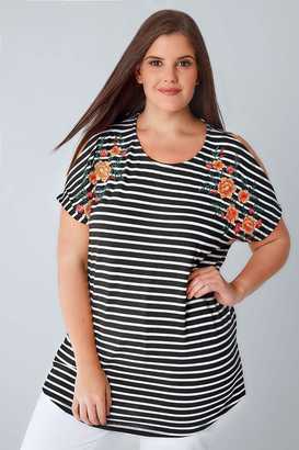 Yours Clothing Black & White Stripe Fine Knit Top With Floral Embroidered Shoulders