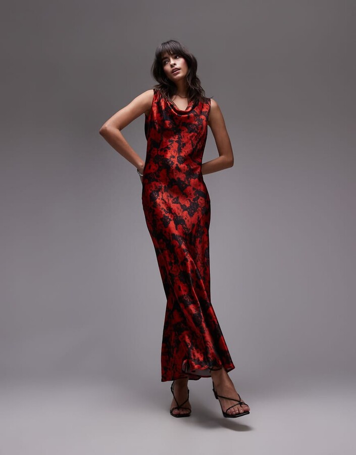 Topshop built up cowl neck maxi dress in small red rose