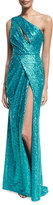 Thumbnail for your product : Elie Saab Sequined Drape-Front One-Shoulder Gown, Blue