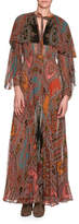 Thumbnail for your product : Etro Long-Sleeve Printed Plissé Silk Gown with Capelet, Red