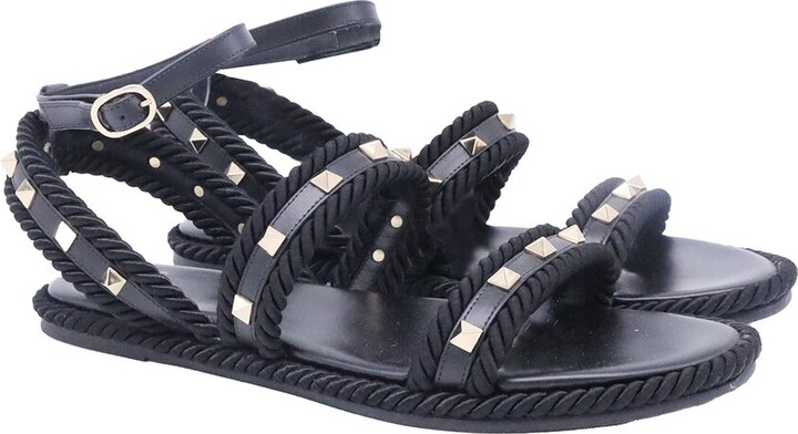 Valentino Women's Leather Torchon Rope-Trimmed Flat Sandal (Authentic Pre- Loved)
