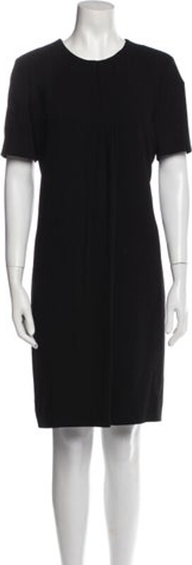 Burberry London Shift Dress Black Smoked Check Pattern Pleated Accents Short Sleeve with Crew Neck Concealed Zip Closure at Back Designer size 42.