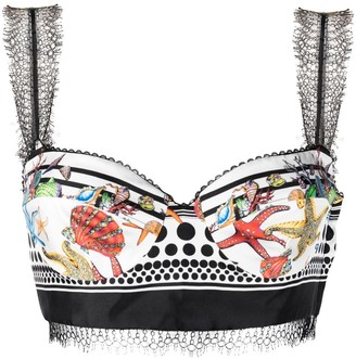 VERSACE Lace-trimmed printed silk-twill bralette