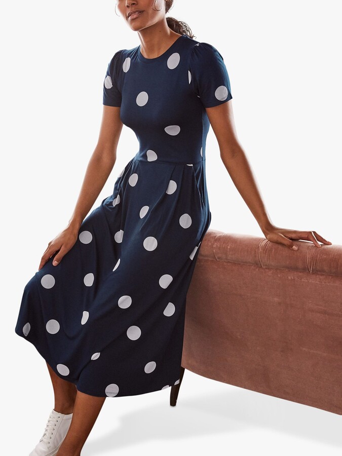 navy polka dot midi dress