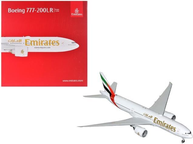 Boeing 777-200LR Commercial Aircraft 'Emirates Airlines' White with Striped Tail 'Gemini 200' 1/200 Diecast Model by GeminiJets