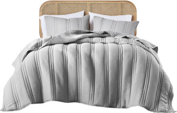 Wovilo Gray 3 Pcs Full/Queen Gauze Quilt - Soft With 2 Shams, Channel Quilting Design, Crinkle Effect, Approved, Machine Washable, Proof Pattern, Texture, Sk