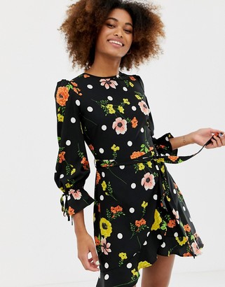 Influence frill skirt back detail dress in floral and polka dot