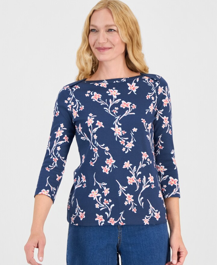 Style&Co. Style & Co Petite Pima Floral Sketch Boat Neck Top, Macy's Exclusive
