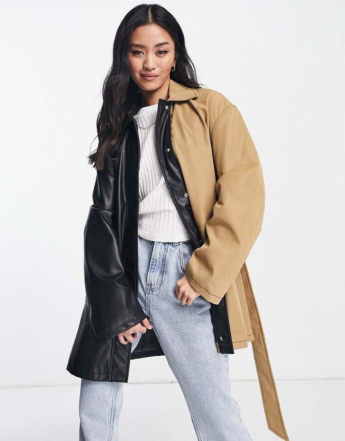 ASOS DESIGN faux leather spliced jacket in stone and black ShopStyle