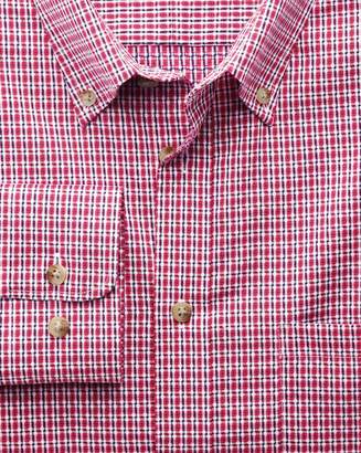 Extra Slim Fit Non-Iron Poplin Coral and Navy Check Cotton Casual Shirt Single Cuff Size Small by Charles Tyrwhitt