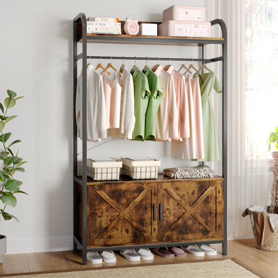 Freestanding Closet Organizer For Hanging Clothes, Clothes Rack With Shoe Bench, Heavy Duty Garment Rack With LED Light