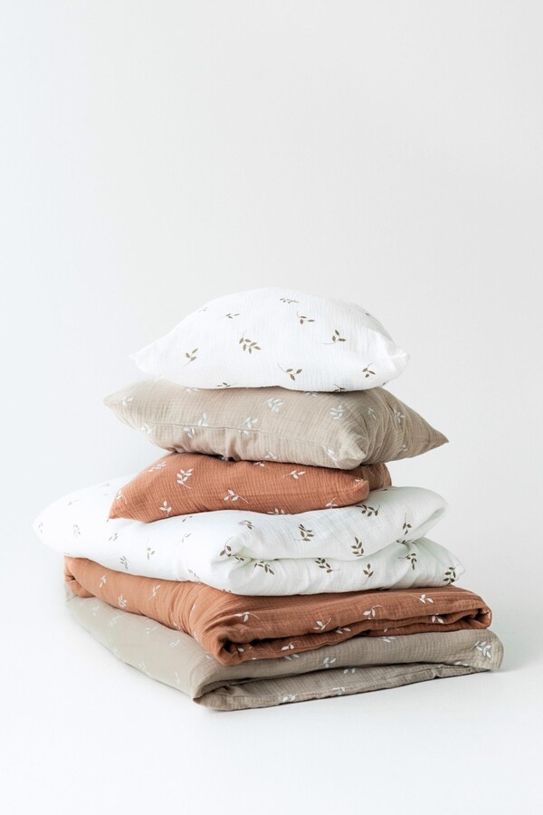 Muslin Baby Toddler Kids Bedding Set Crib Duvet Cover Pillowcase Soft Boy Girl Nursery Children's Beige Bedsheet Neutral Leaves Pattern Boho