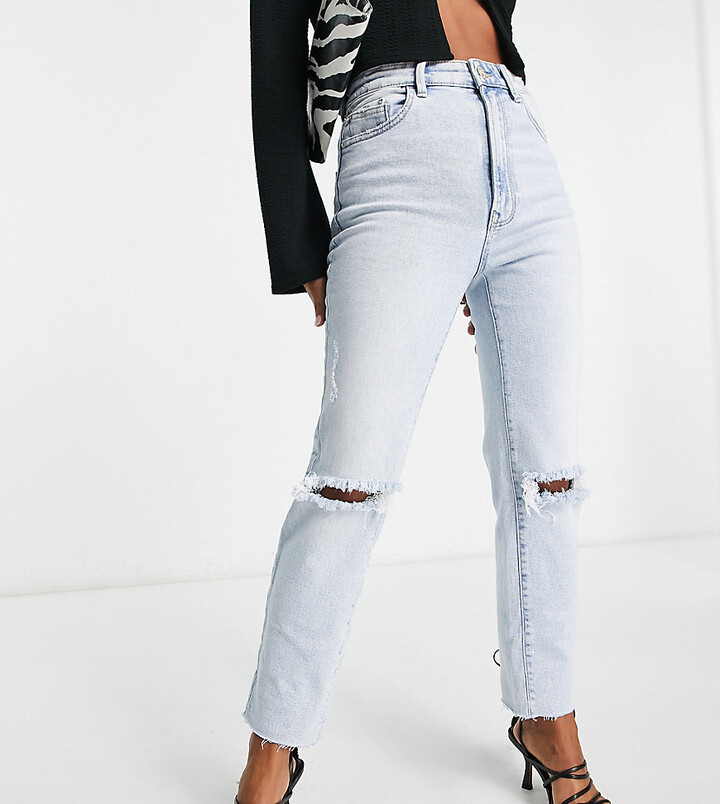 Stradivarius Petite slim mom jeans with stretch and rips in