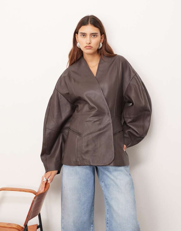 ARRANGE soft faux leather jacket with cinched waist and ovoid sleeves in chocolate