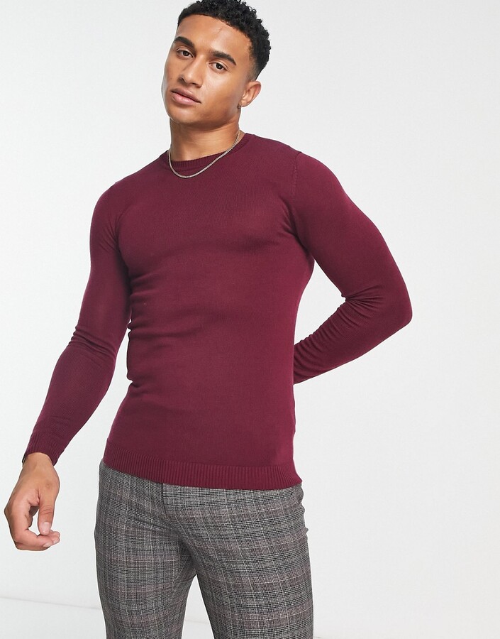 ASOS DESIGN muscle fit premium merino wool crew neck sweater in burgundy -  ShopStyle