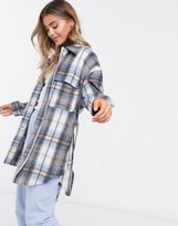 Thumbnail for your product : Stradivarius belted overshirt shacket in blue plaid