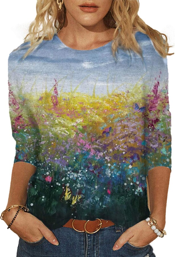 Women's Long Sleeve Flower and Landscape Print Sweatshirt Casual Fall Loose  Crewneck Pullover Tops Sweatshirts for Women Fall 