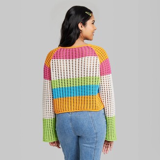 Women's Square Neck Pointelle Pullover Sweater Striped L