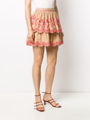 Twin-Set Ruffled Floral-Embroidered Skirt