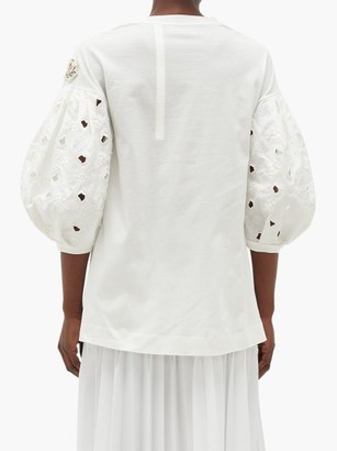 4 Moncler Simone Rocha - Broderie Anglaise-sleeved Cotton-jersey T-shirt - White