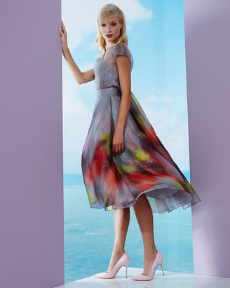 Lela Rose Watercolor Short-Sleeve Backless Dress, Multi Colors