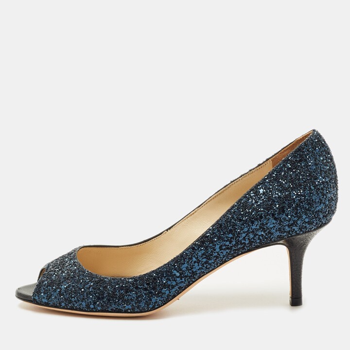 Jimmy Choo Navy Blue Glitter Isabel Peep Toe Pumps