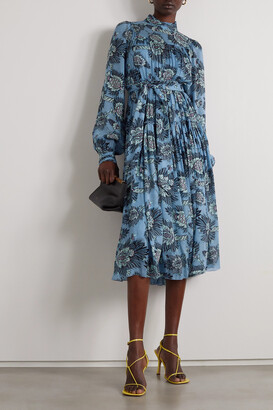 Diane von Furstenberg - Kent Belted Pleated Floral-print Chiffon Midi Dress - Blue