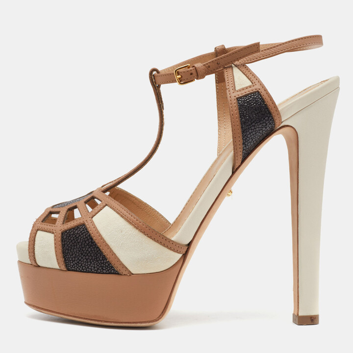 Sergio Rossi Tricolor Suede and Leather T Strap Platform Sandals