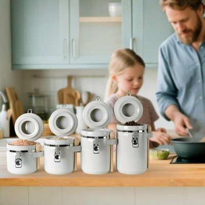 Prep & Savour Airtight Ceramic Canisters Set With Wooden Spoons & Chalk LabelsPerfect For Coffee Sugar Flour Tea (White/4-Piece)