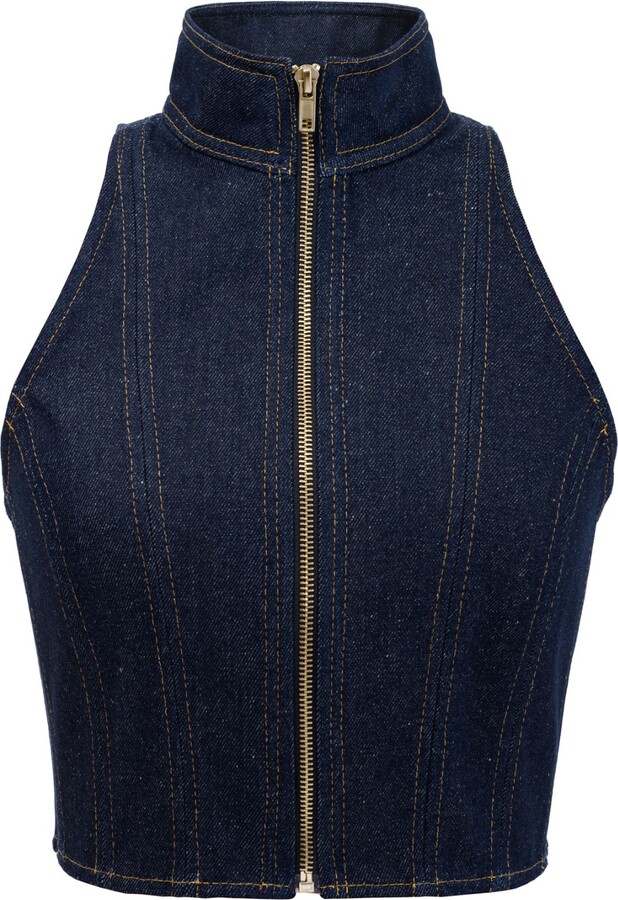 Kargede Blue Cropped Denim Vest - Bodycon Zip Up Designer Jean Top
