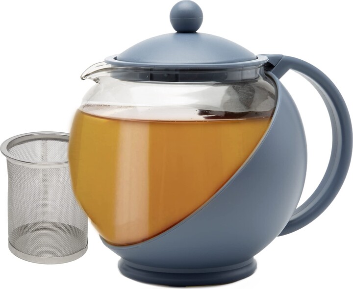 Primula Half Moon Teapot with Removable Infuser, Glass Tea Maker with Reusable Fine Mesh Stainless Steel Filter, Dishwasher Safe, 40-Ounce, Blue