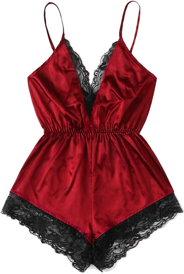 MRULIC Lingerie Sets Women Plus Size Satin Lace Patchwork Bra Chic Lingerie  Underpant Siamese Sleepwear Bodysuit Babydoll Jumpsuit Pajamas(X1-Red -  ShopStyle