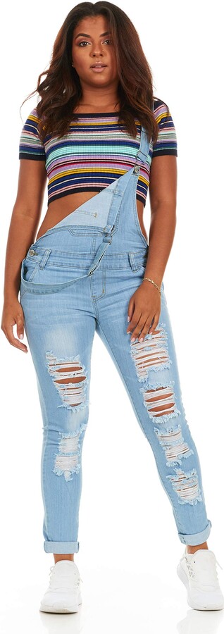 ARTFFEL Women Button Ripped Distressed Fashion Adjustable Strap Jeans Denim Overalls 