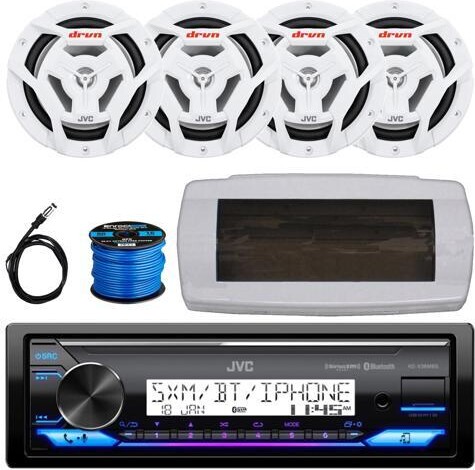 JVC KD-X38MBS Single-DIN Marine Bluetooth USB/AUX LED AM/FM SiriusXM Ready Stereo Receiver W/White Cover, 4x 6.5' 150W Max Power 2-Way Coaxial...