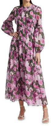 Lela Rose Floral Printed Voile Ruched Waist Midi Dress
