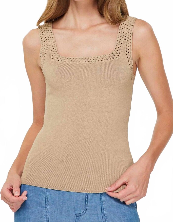 Nyland Monet Square Neck Sweater Tank Top With Crochet Detail In Khaki