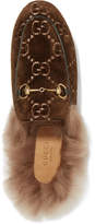 Thumbnail for your product : Gucci Princetown Horsebit-detailed Shearling-lined Logo-jacquard Slippers - Brown