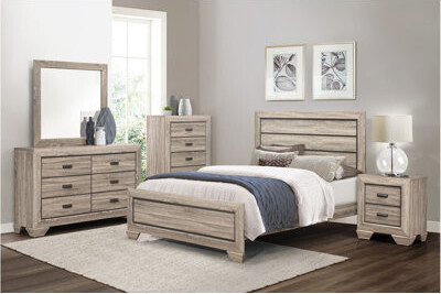 Millwood Pines Evynn Ange Light Elm Faux Wood Veneer Panel Bedroom Set 5&2