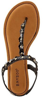 Bamboo Flower-Studded T-Strap Thong Sandals